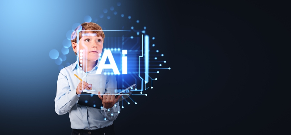 Child,Taking,Notes,And,Looking,Up,At,Ai,Chip,Hologram,