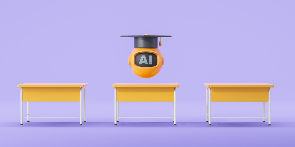 Ai,Robot,In,Graduation,Cap,,School,Or,Work,Desks,In